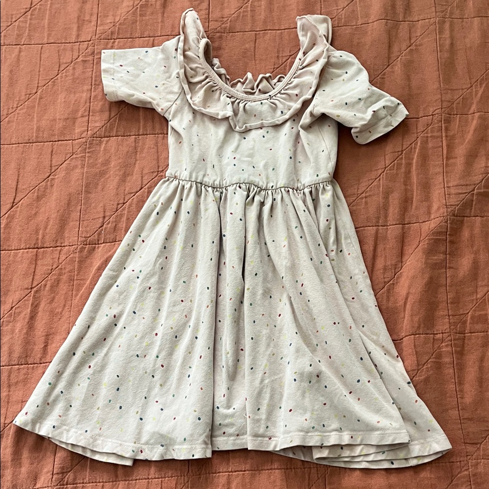 Charming Cream Kids Dress with Ruffle Neckline